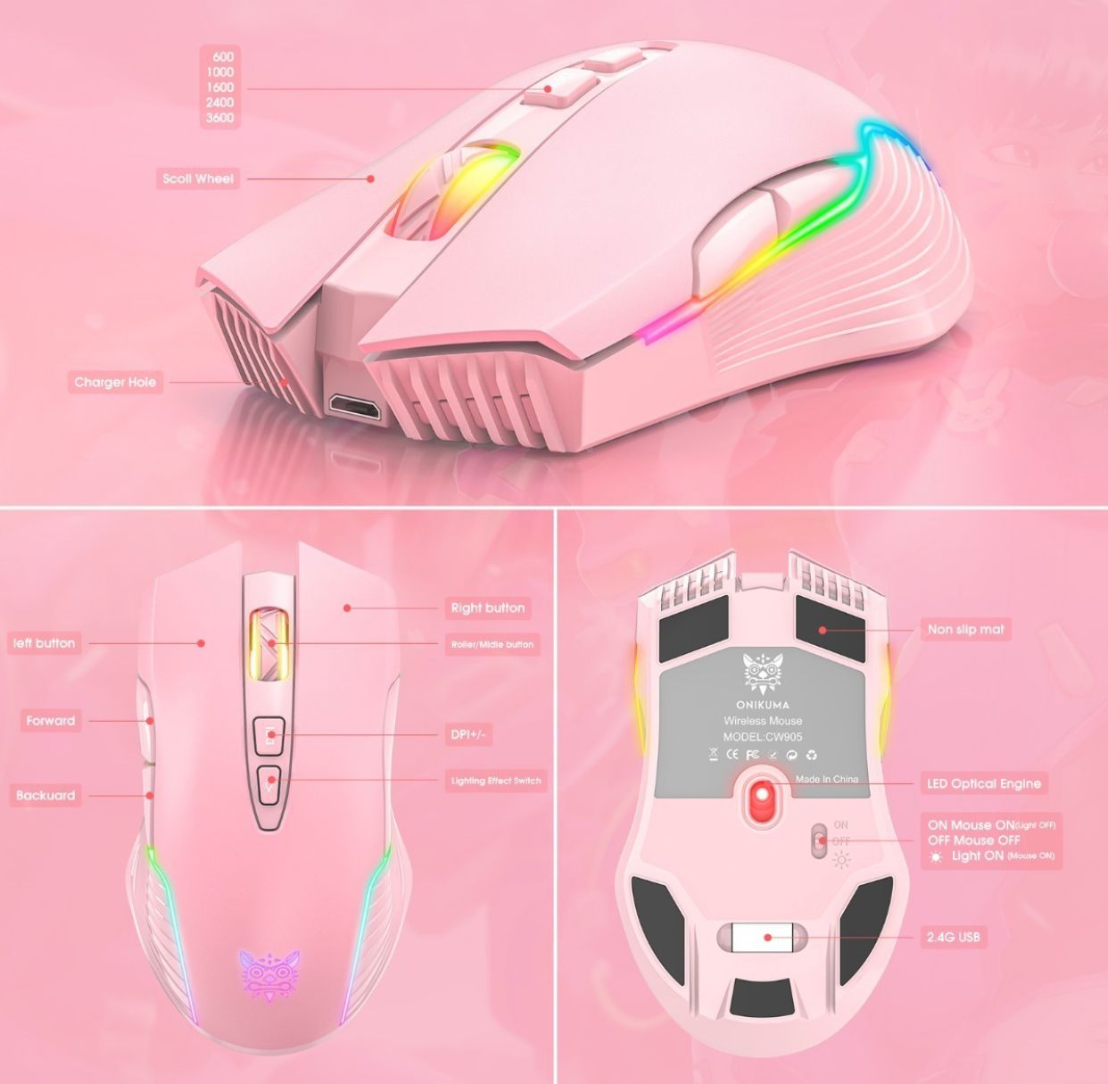 Mouse De Juego Rosa Onikuma Cw905 Inalambrico Recargable Pink